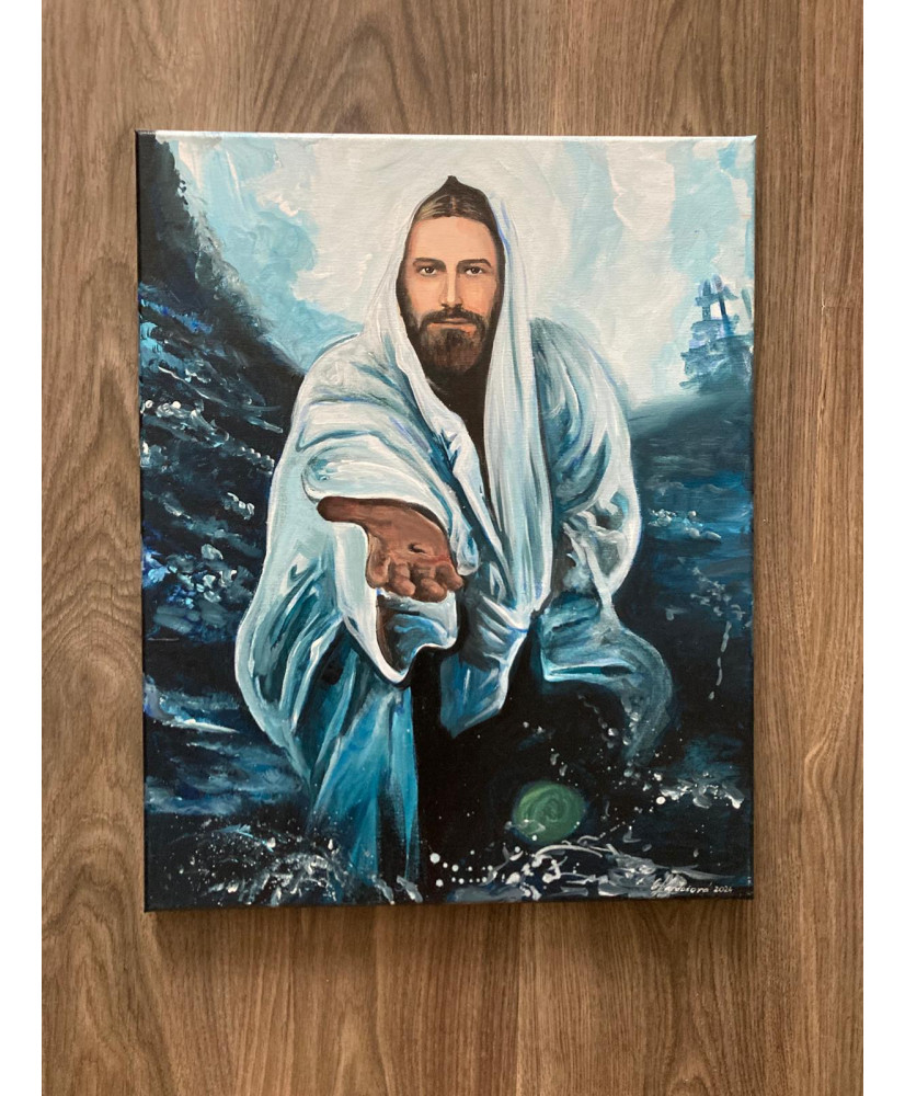 Jesus extends his hand at sea